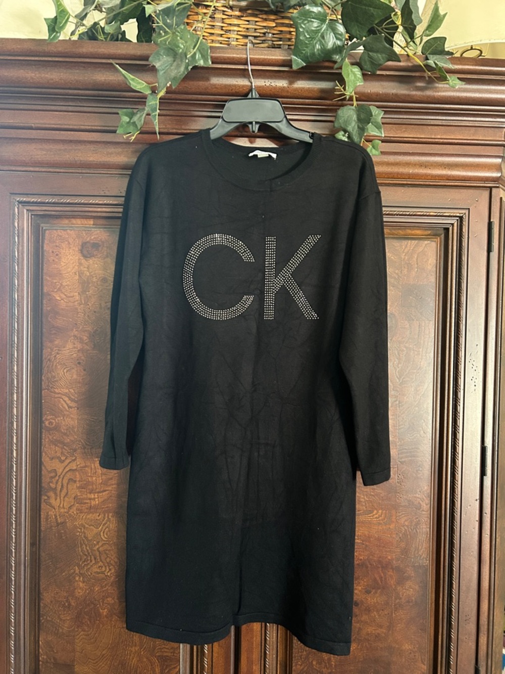 Calvin Klein Black Long-Sleeve Knit Top with Studded CK